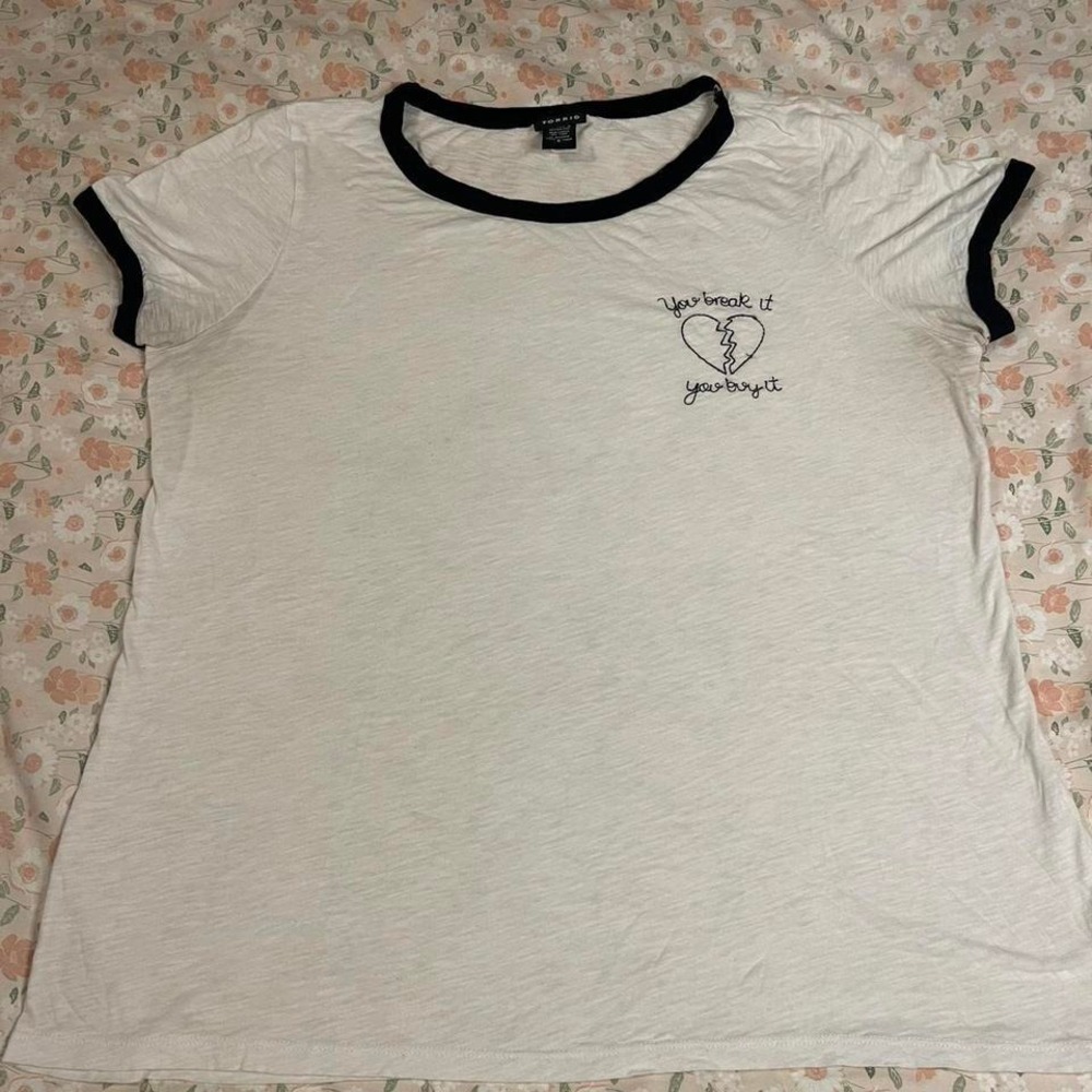 Torrid Ringer T-Shirt "You Break It You Buy It" Heart Graphic Size 0